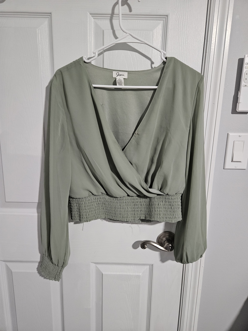 Sage Green V-Neck Smocked Waist Blouse